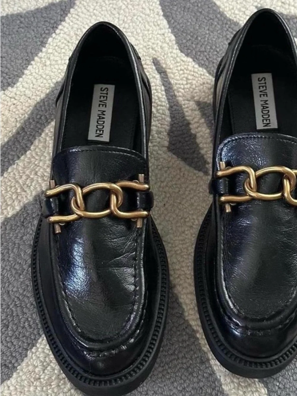 Steve Madden Black Leather Loafers with Gold Chain Accent